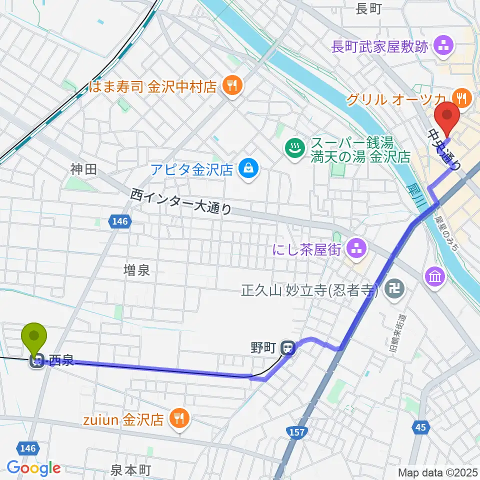 西泉駅から金沢ジェラスガイへのルートマップ地図