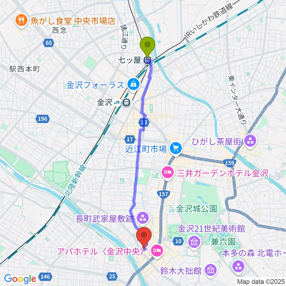七ツ屋駅から金沢ジェラスガイへのルートマップ地図