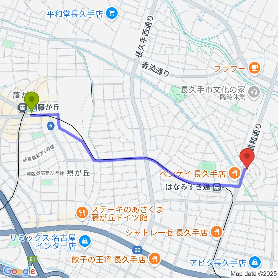 藤が丘駅からシンフォニア楽器 長久手店へのルートマップ地図