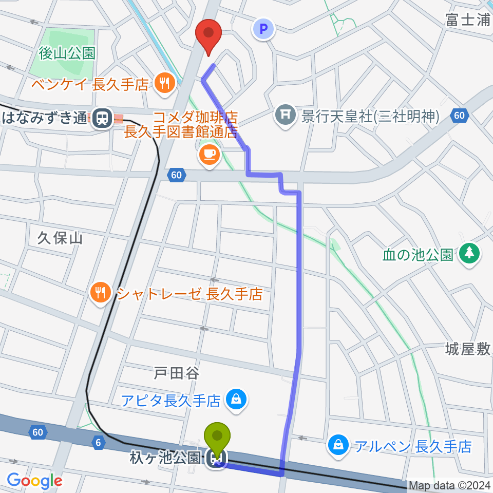 杁ヶ池公園駅からシンフォニア楽器 長久手店へのルートマップ地図