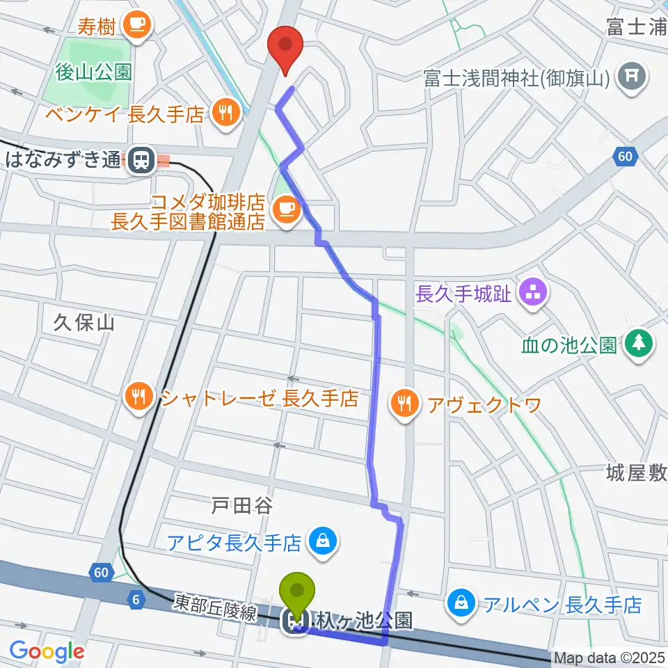 杁ヶ池公園駅からシンフォニア楽器 長久手店へのルートマップ地図