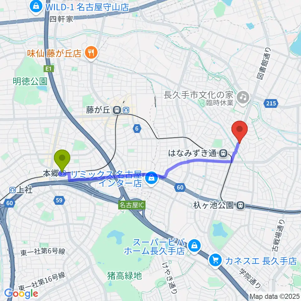 本郷駅からシンフォニア楽器 長久手店へのルートマップ地図