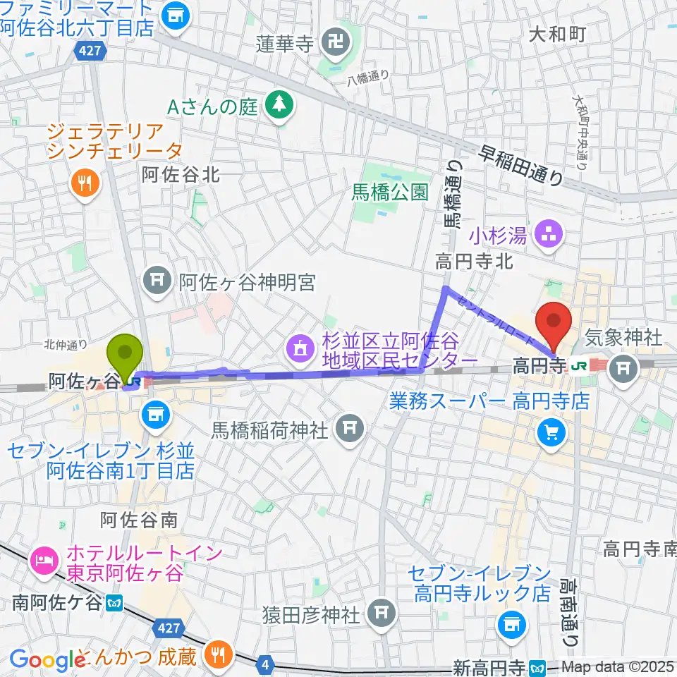 阿佐ケ谷駅から高円寺Club ROOTS！へのルートマップ地図