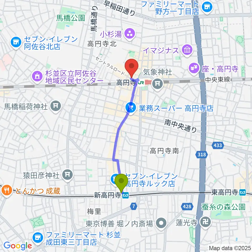 新高円寺駅から高円寺Club ROOTS！へのルートマップ地図