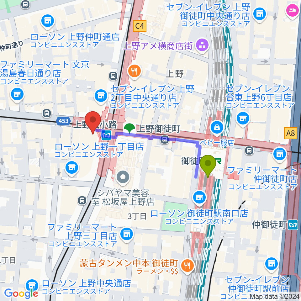 お江戸上野広小路亭の最寄駅御徒町駅からの徒歩ルート（約3分）地図