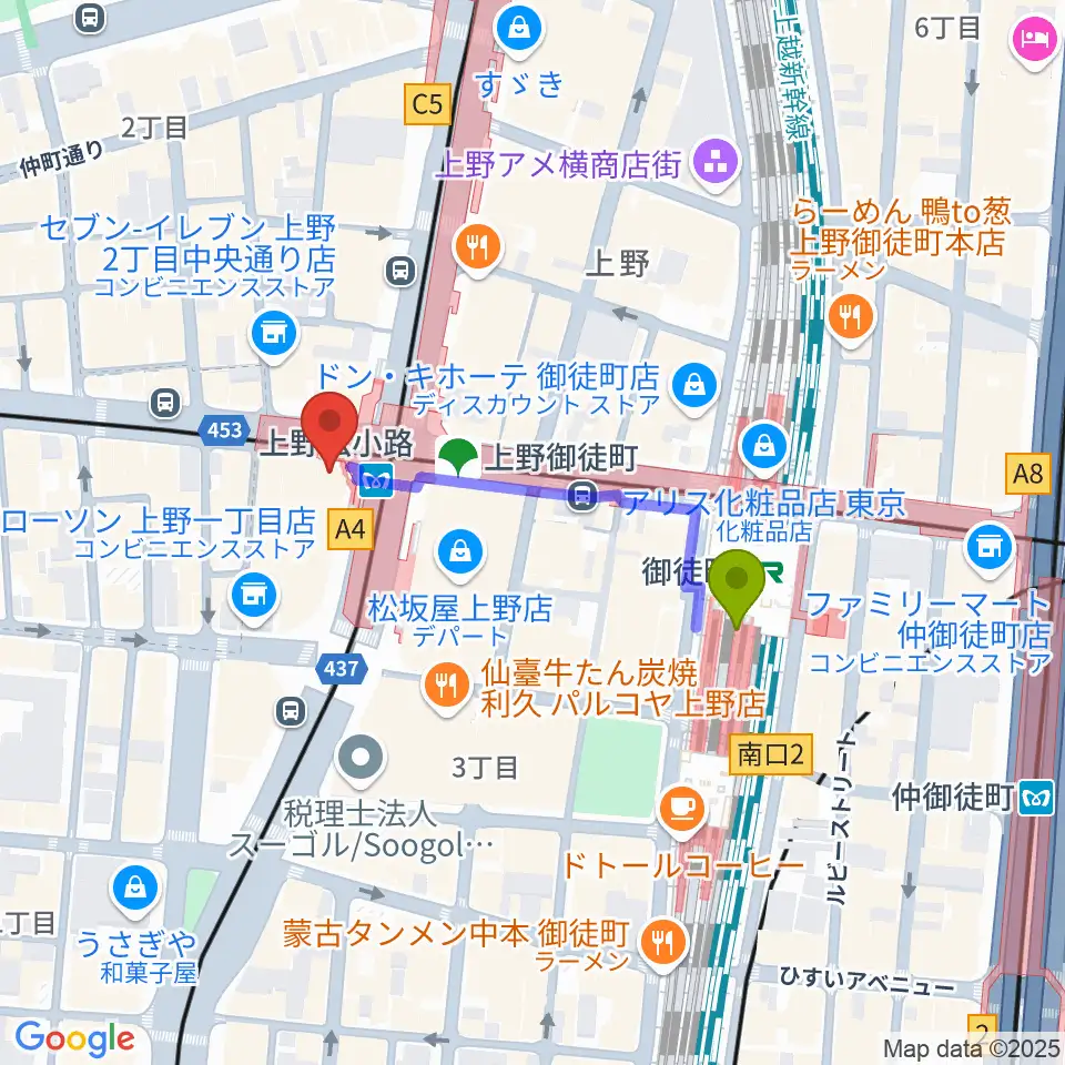 お江戸上野広小路亭の最寄駅御徒町駅からの徒歩ルート（約3分）地図