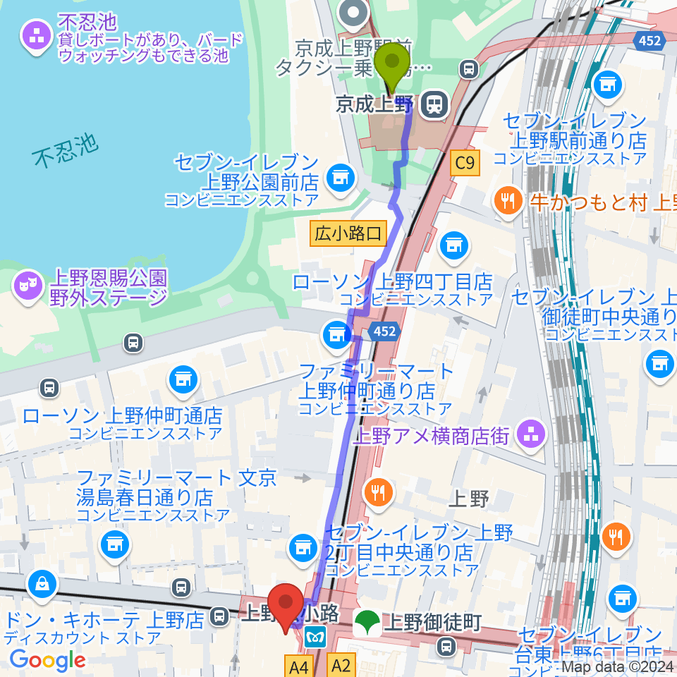 京成上野駅からお江戸上野広小路亭へのルートマップ地図