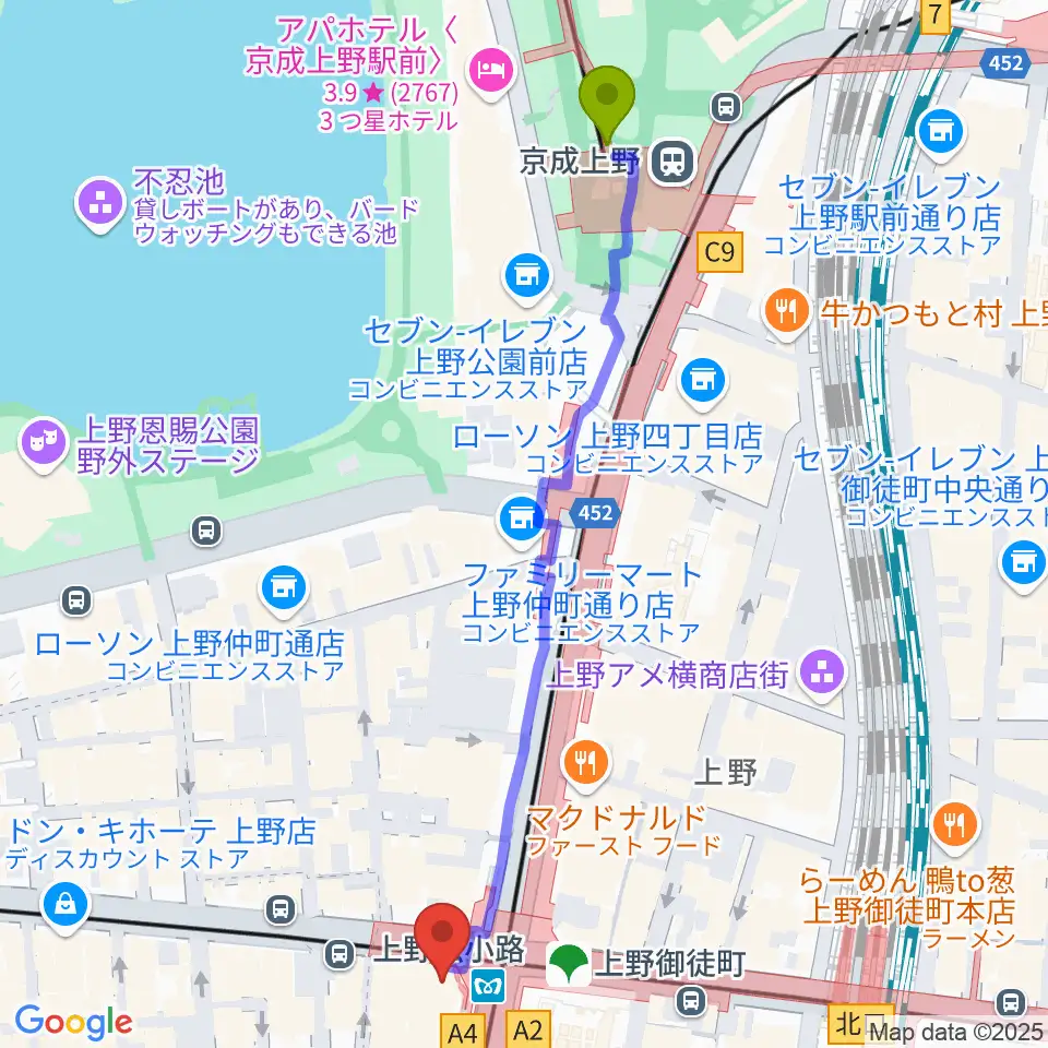 京成上野駅からお江戸上野広小路亭へのルートマップ地図