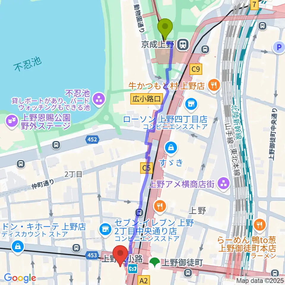 京成上野駅からお江戸上野広小路亭へのルートマップ地図