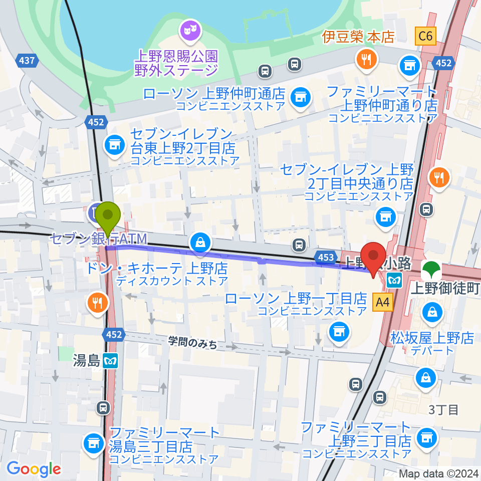 湯島駅からお江戸上野広小路亭へのルートマップ地図