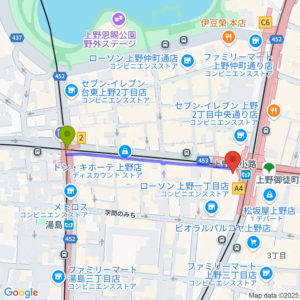 湯島駅からお江戸上野広小路亭へのルートマップ地図