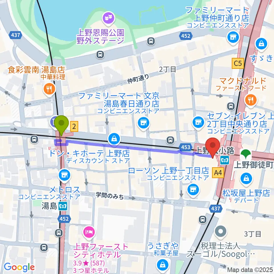 湯島駅からお江戸上野広小路亭へのルートマップ地図