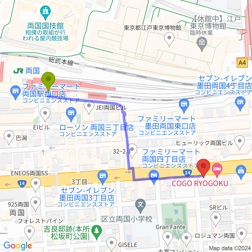 お江戸両国亭の最寄駅両国駅からの徒歩ルート（約5分）地図