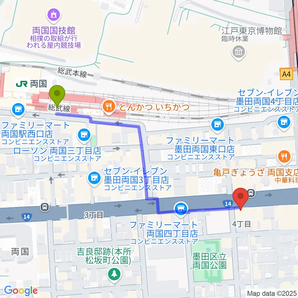 お江戸両国亭の最寄駅両国駅からの徒歩ルート（約5分）地図