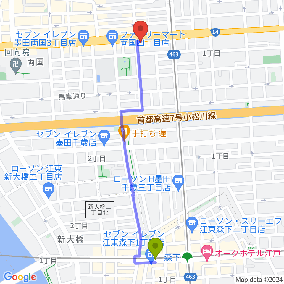 森下駅からお江戸両国亭へのルートマップ地図