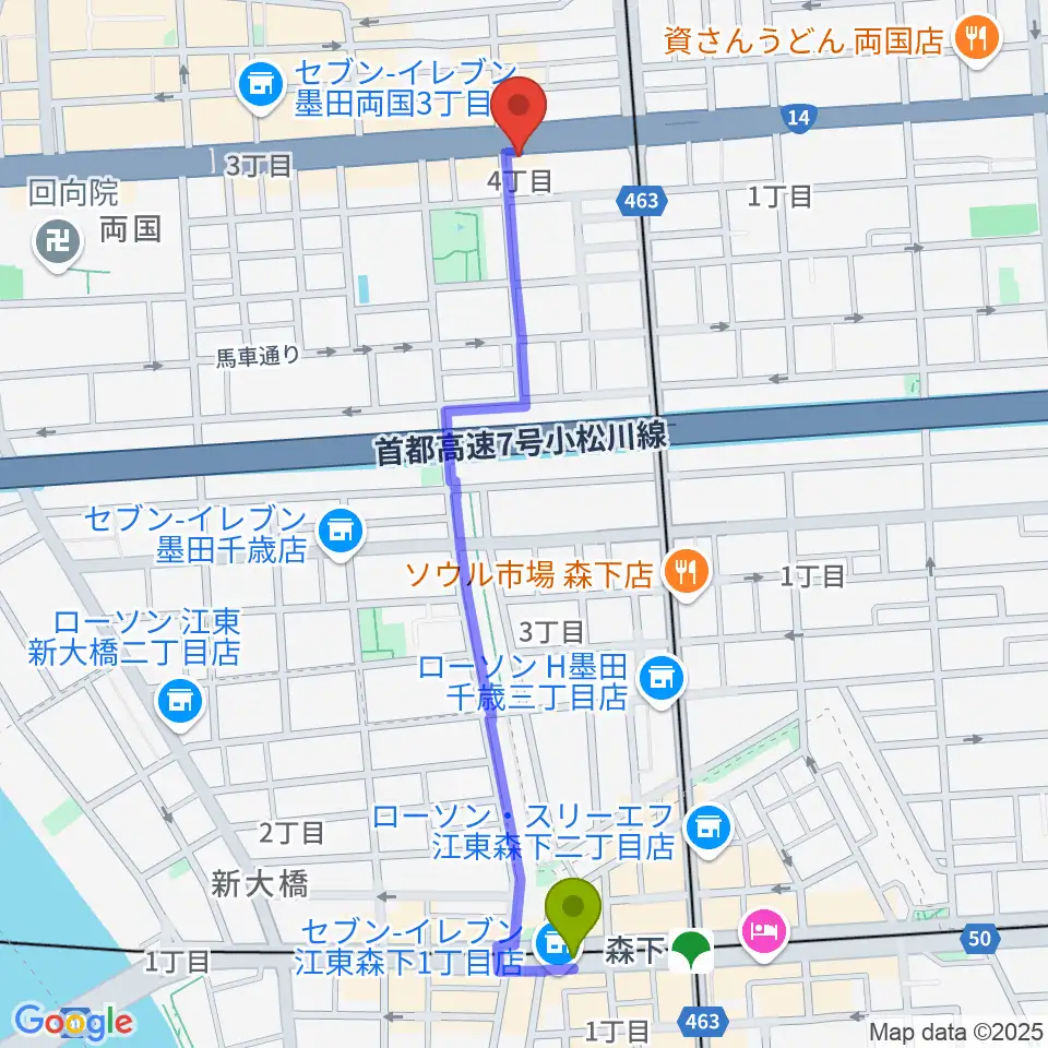 森下駅からお江戸両国亭へのルートマップ地図