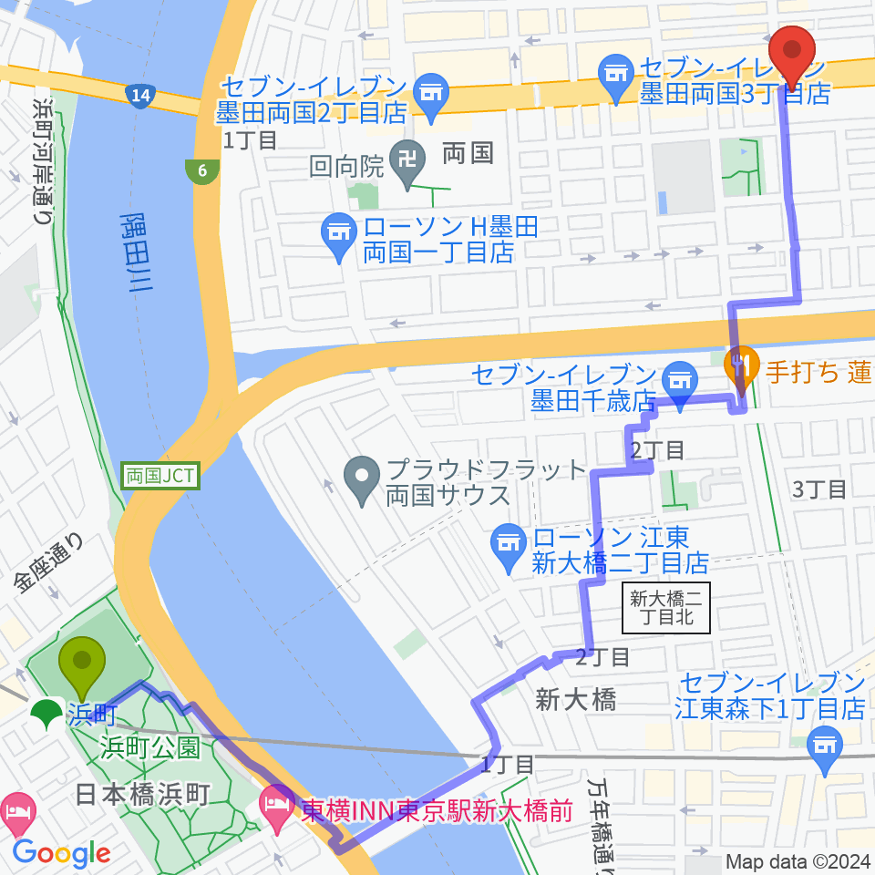 浜町駅からお江戸両国亭へのルートマップ地図