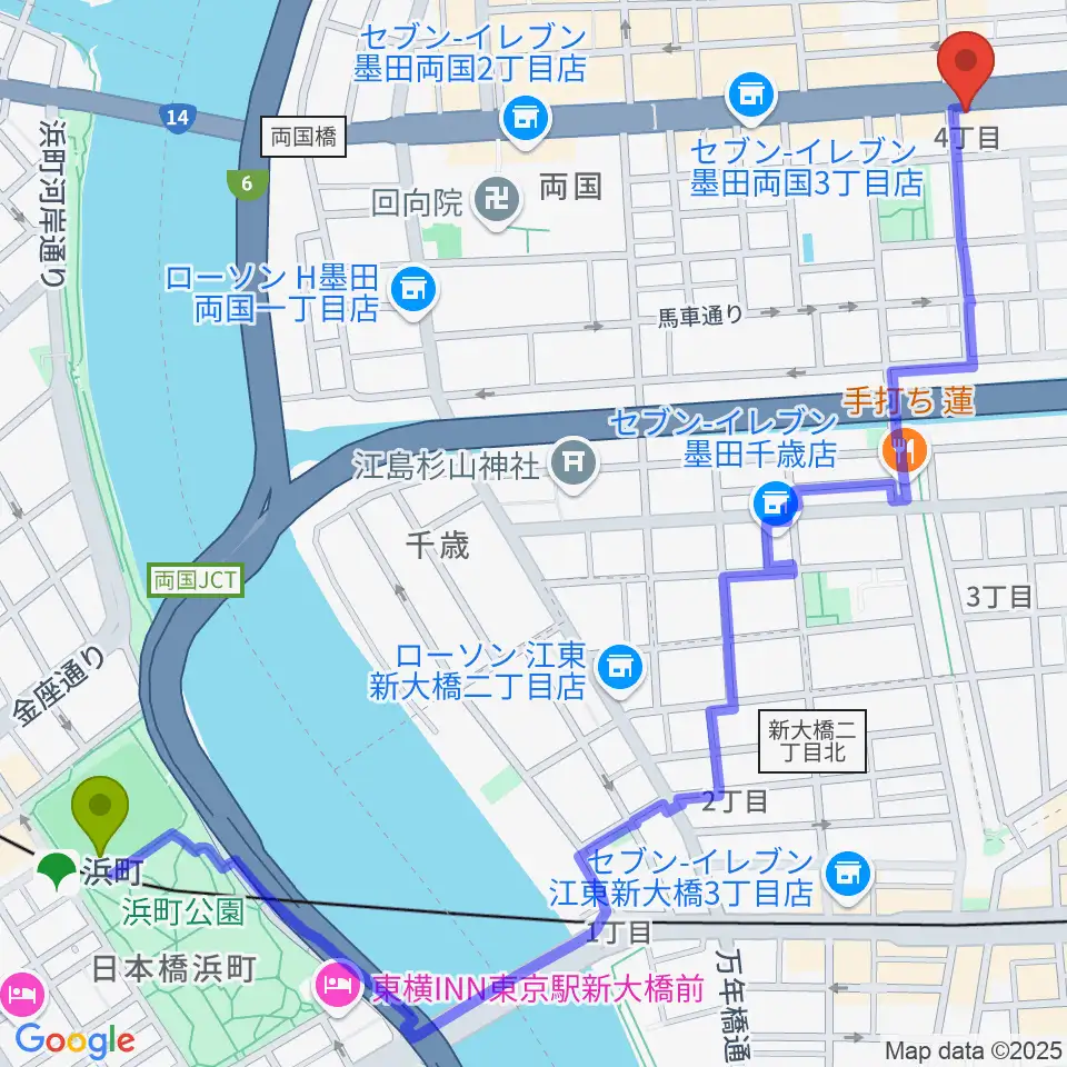 浜町駅からお江戸両国亭へのルートマップ地図