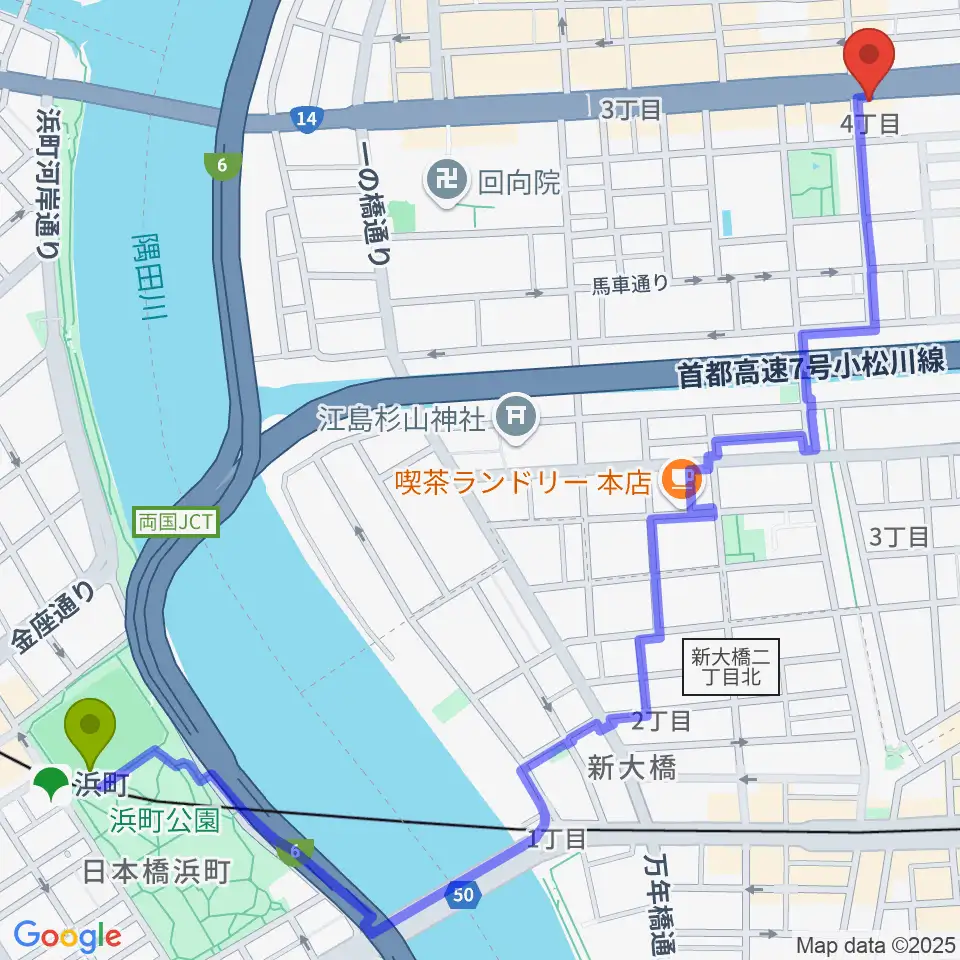 浜町駅からお江戸両国亭へのルートマップ地図