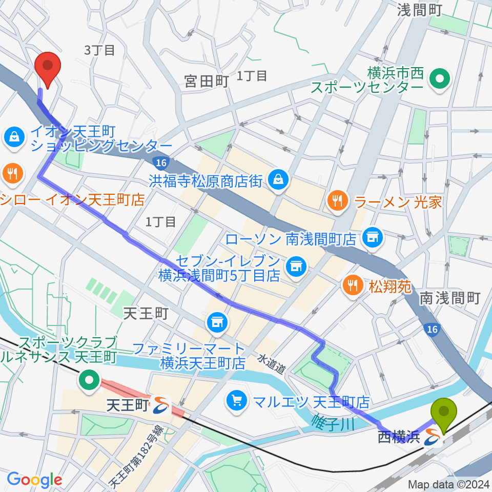 西横浜駅から横浜峰岡ピアノ調律へのルートマップ地図