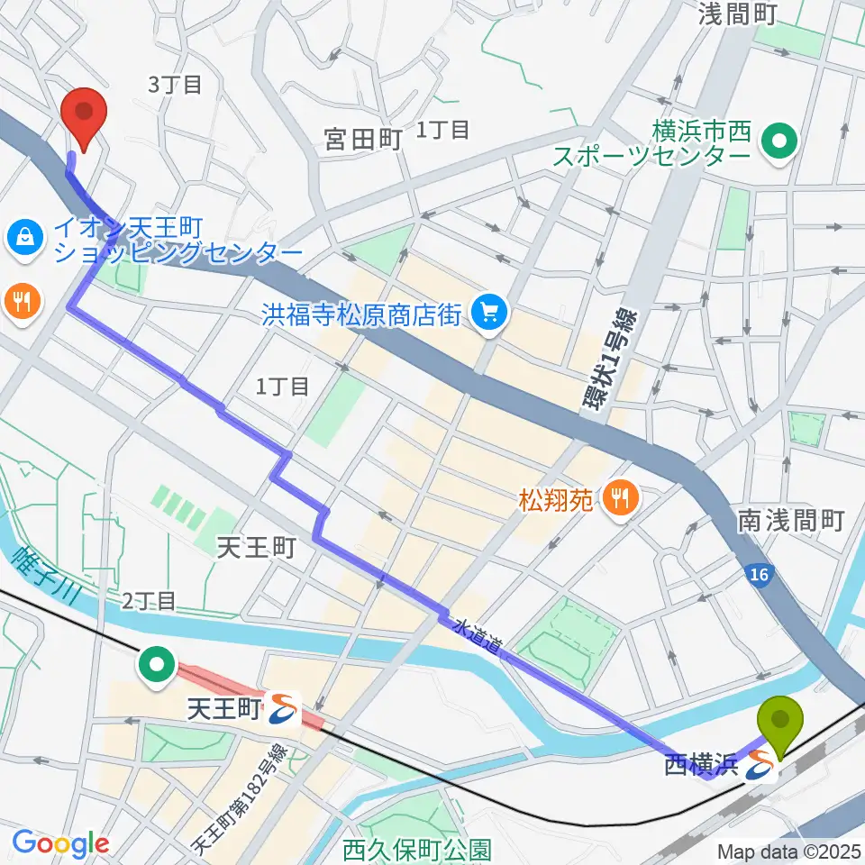 西横浜駅から横浜峰岡ピアノ調律へのルートマップ地図