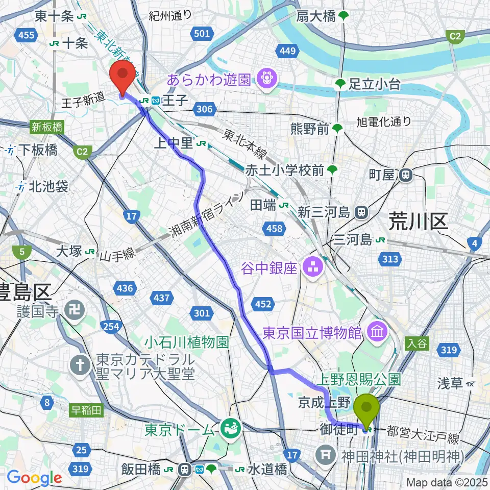 御徒町駅から東京DTM作曲音楽学校へのルートマップ地図