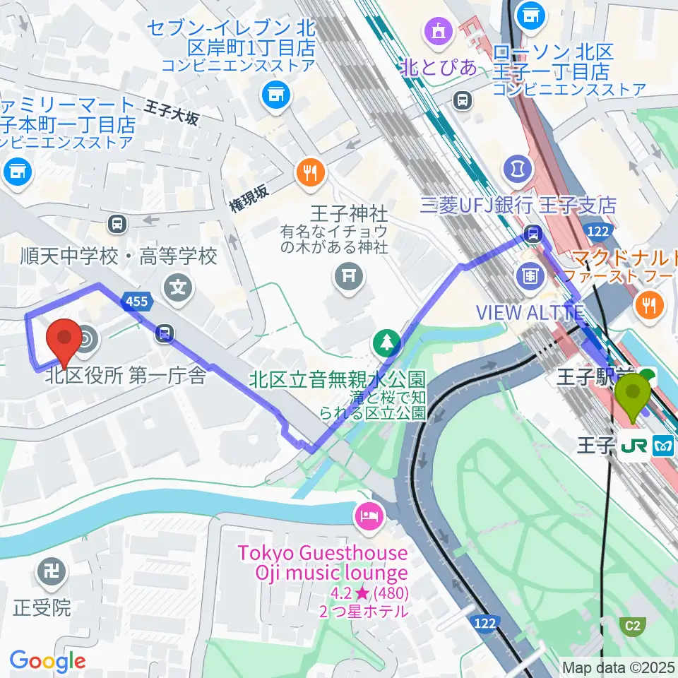東京DTM作曲音楽学校の最寄駅王子駅からの徒歩ルート（約7分）地図