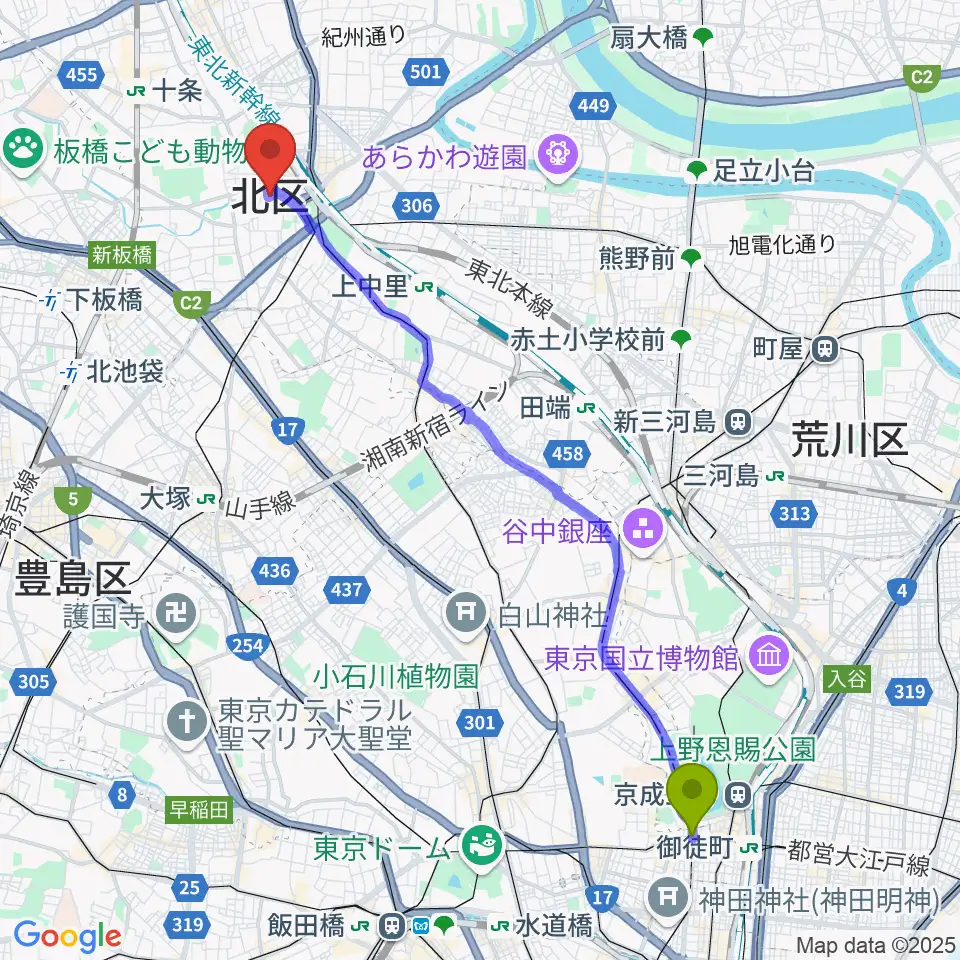 湯島駅から東京DTM作曲音楽学校へのルートマップ地図