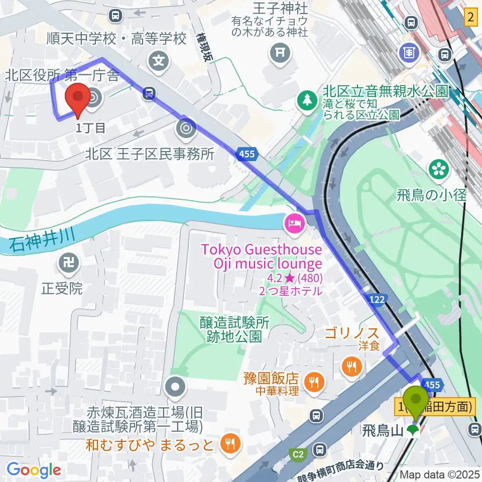 飛鳥山駅から東京DTM作曲音楽学校へのルートマップ地図