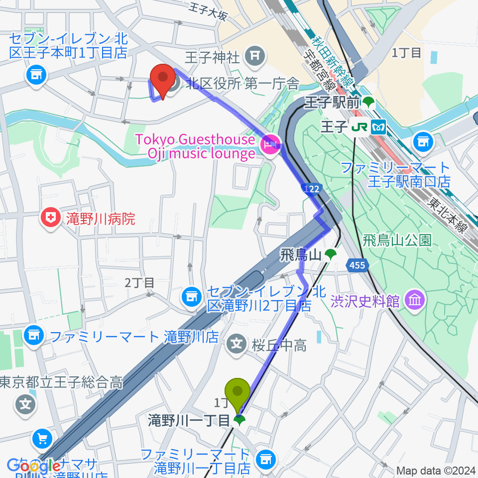 滝野川一丁目駅から東京DTM作曲音楽学校へのルートマップ地図