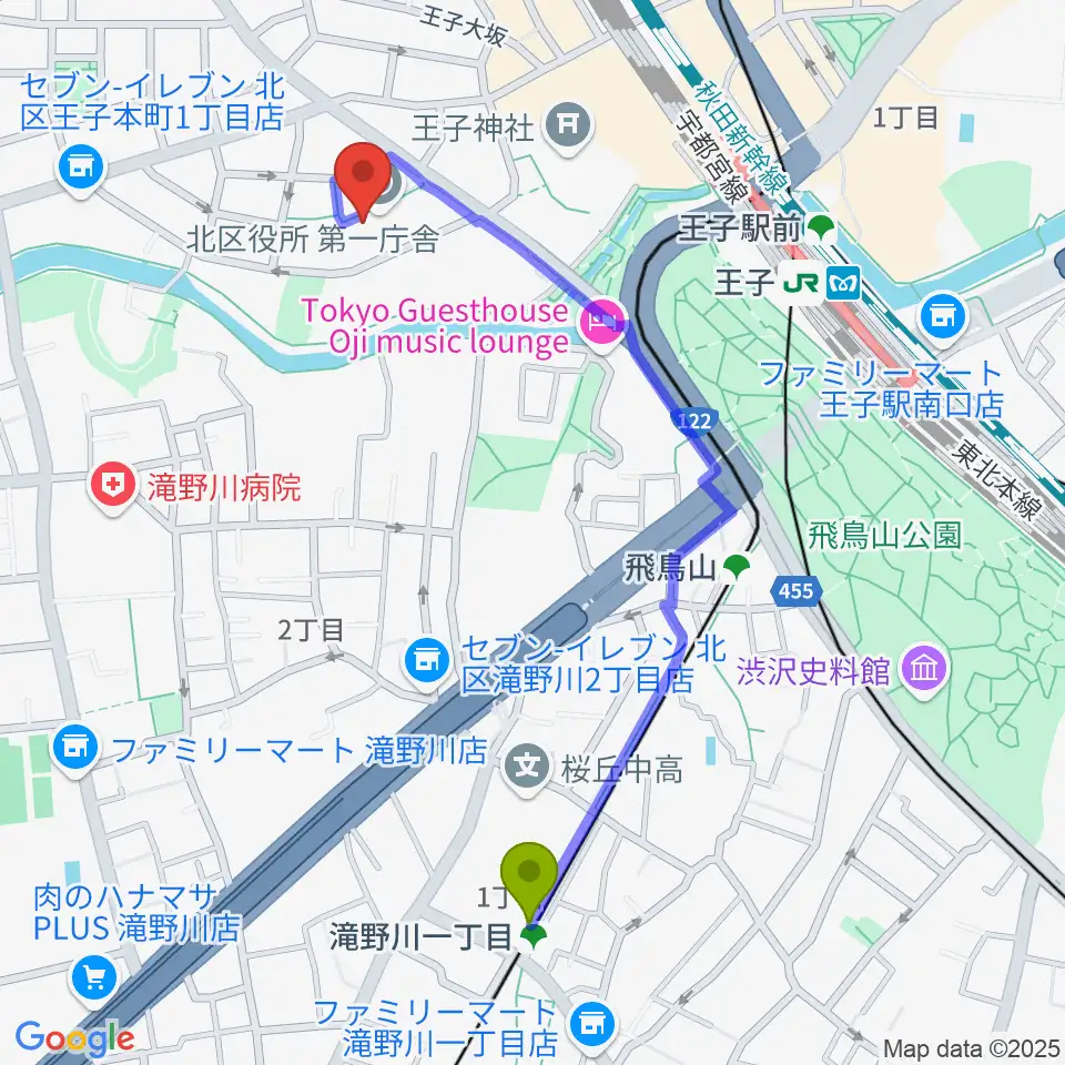 滝野川一丁目駅から東京DTM作曲音楽学校へのルートマップ地図