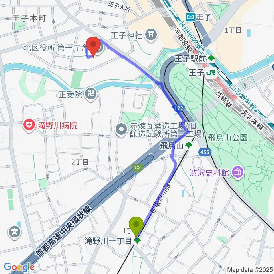 滝野川一丁目駅から東京DTM作曲音楽学校へのルートマップ地図