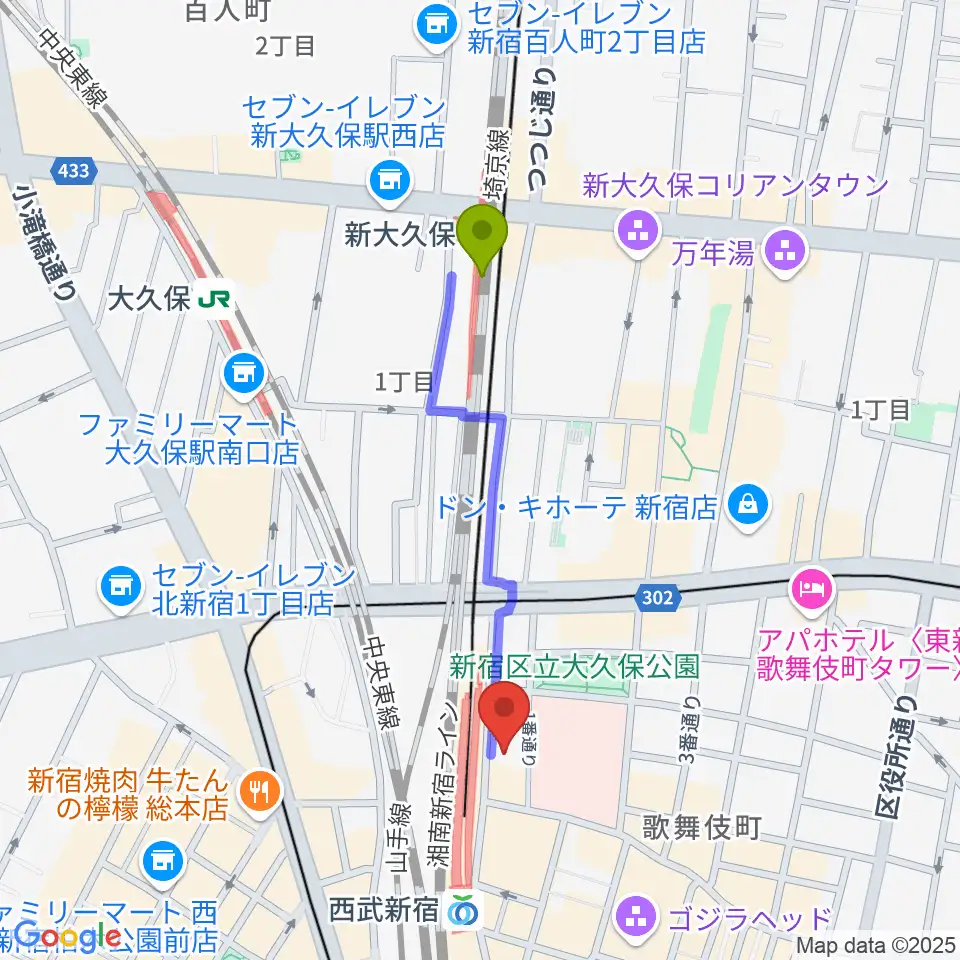 新大久保駅から新宿Fu- 新宿永谷ホールへのルートマップ地図