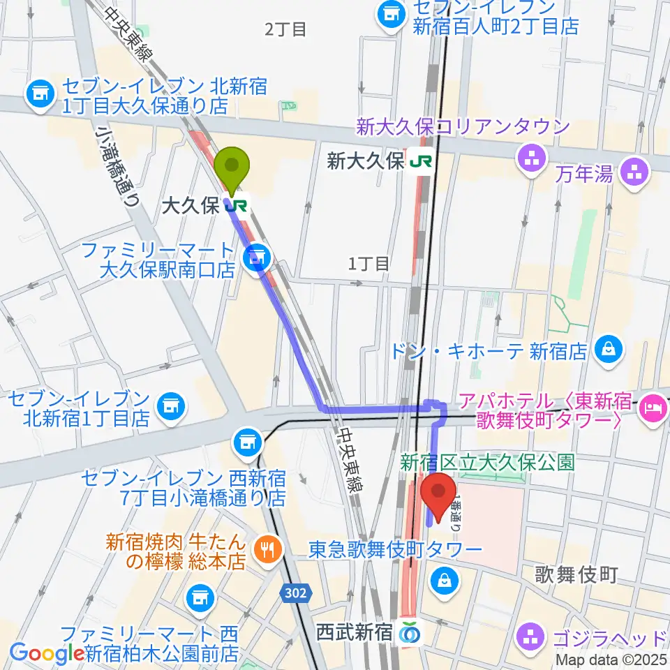 大久保駅から新宿Fu- 新宿永谷ホールへのルートマップ地図