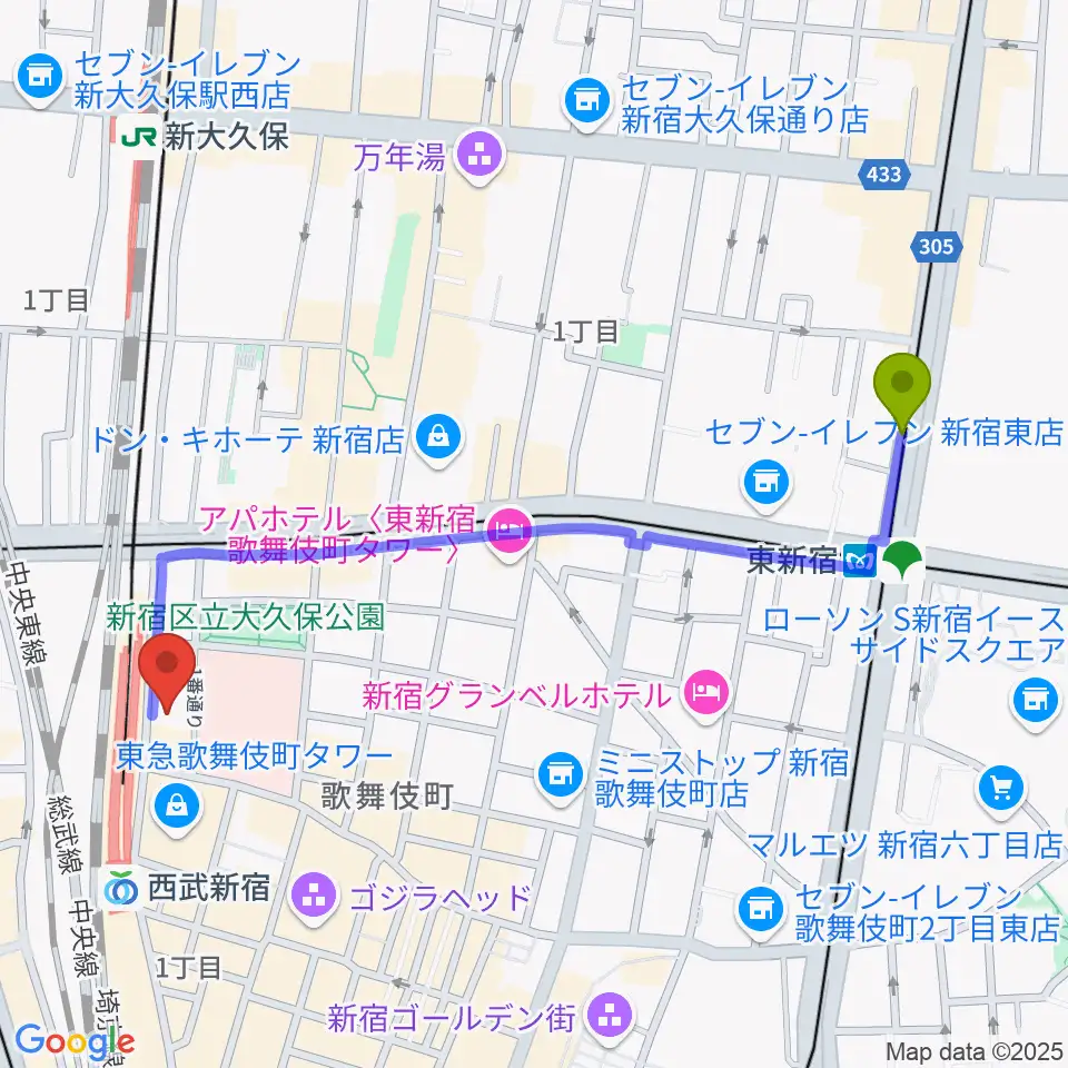 東新宿駅から新宿Fu- 新宿永谷ホールへのルートマップ地図