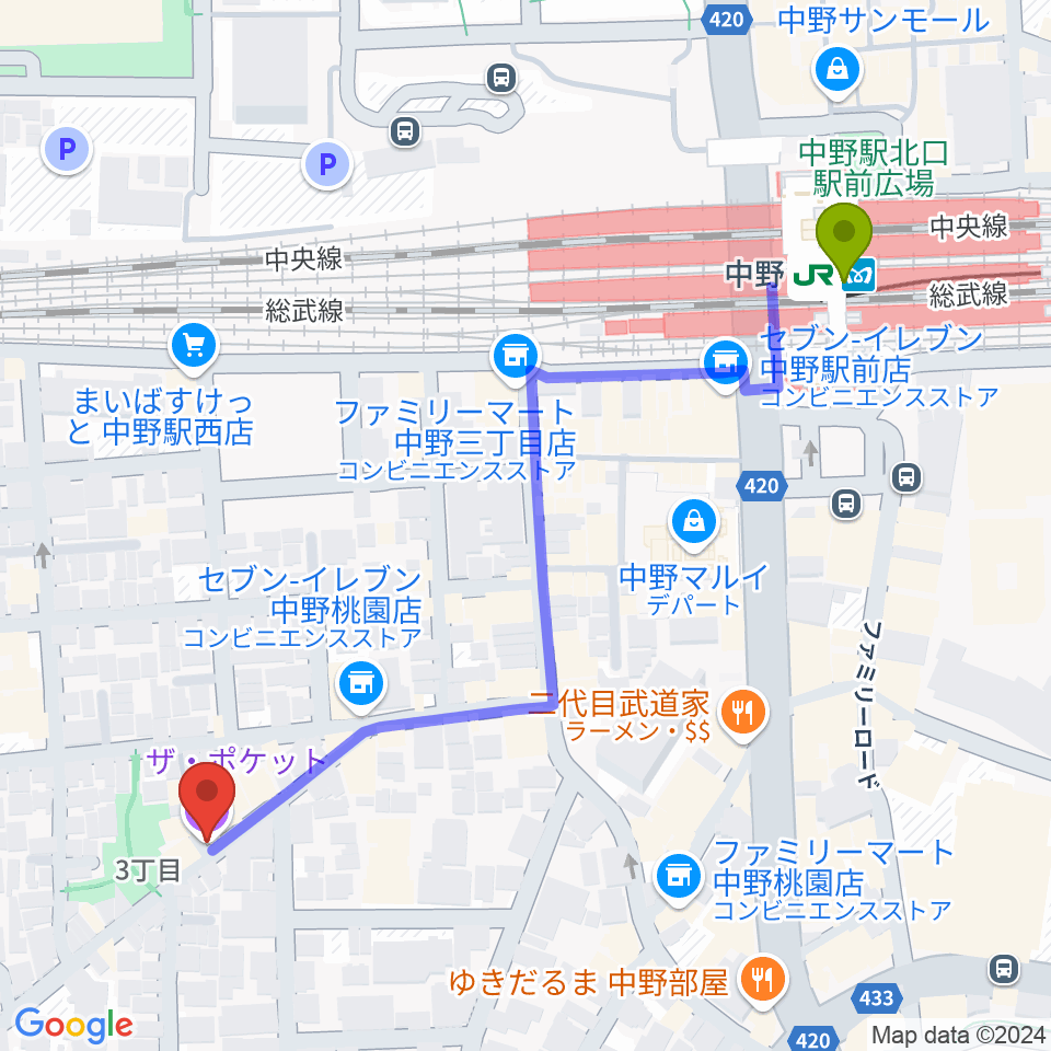 中野ザ・ポケットの最寄駅中野駅からの徒歩ルート（約6分）地図