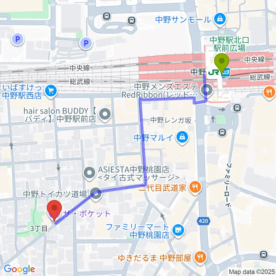 中野ザ・ポケットの最寄駅中野駅からの徒歩ルート（約6分）地図