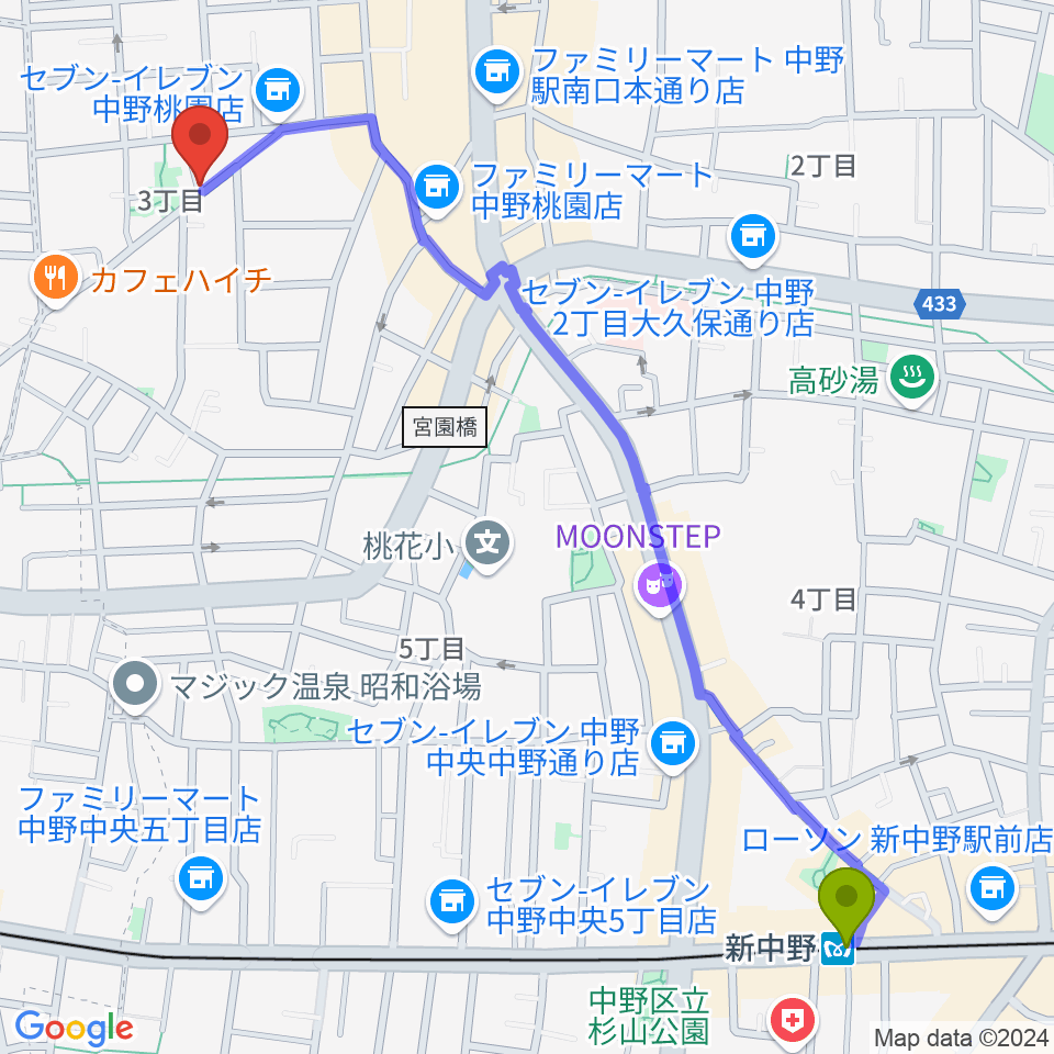 新中野駅から中野ザ・ポケットへのルートマップ地図