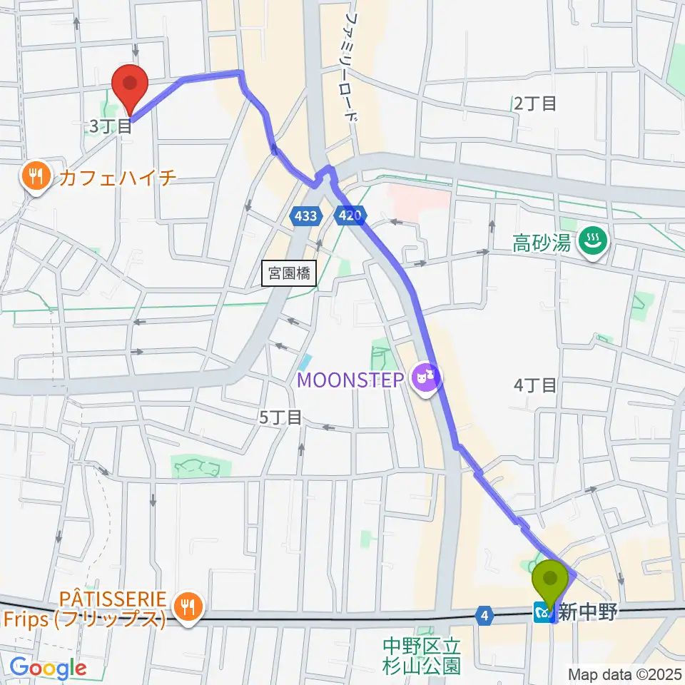 新中野駅から中野ザ・ポケットへのルートマップ地図