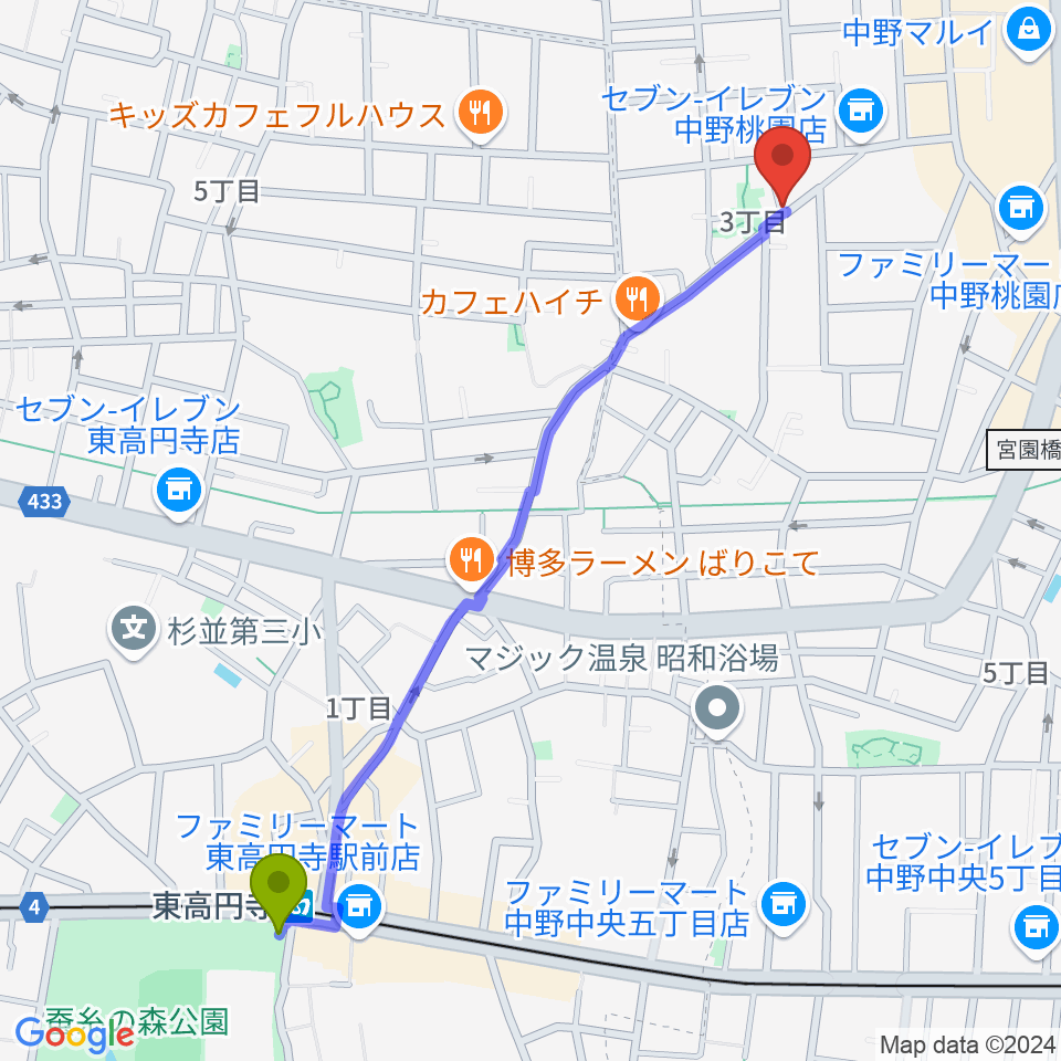 東高円寺駅から中野ザ・ポケットへのルートマップ地図