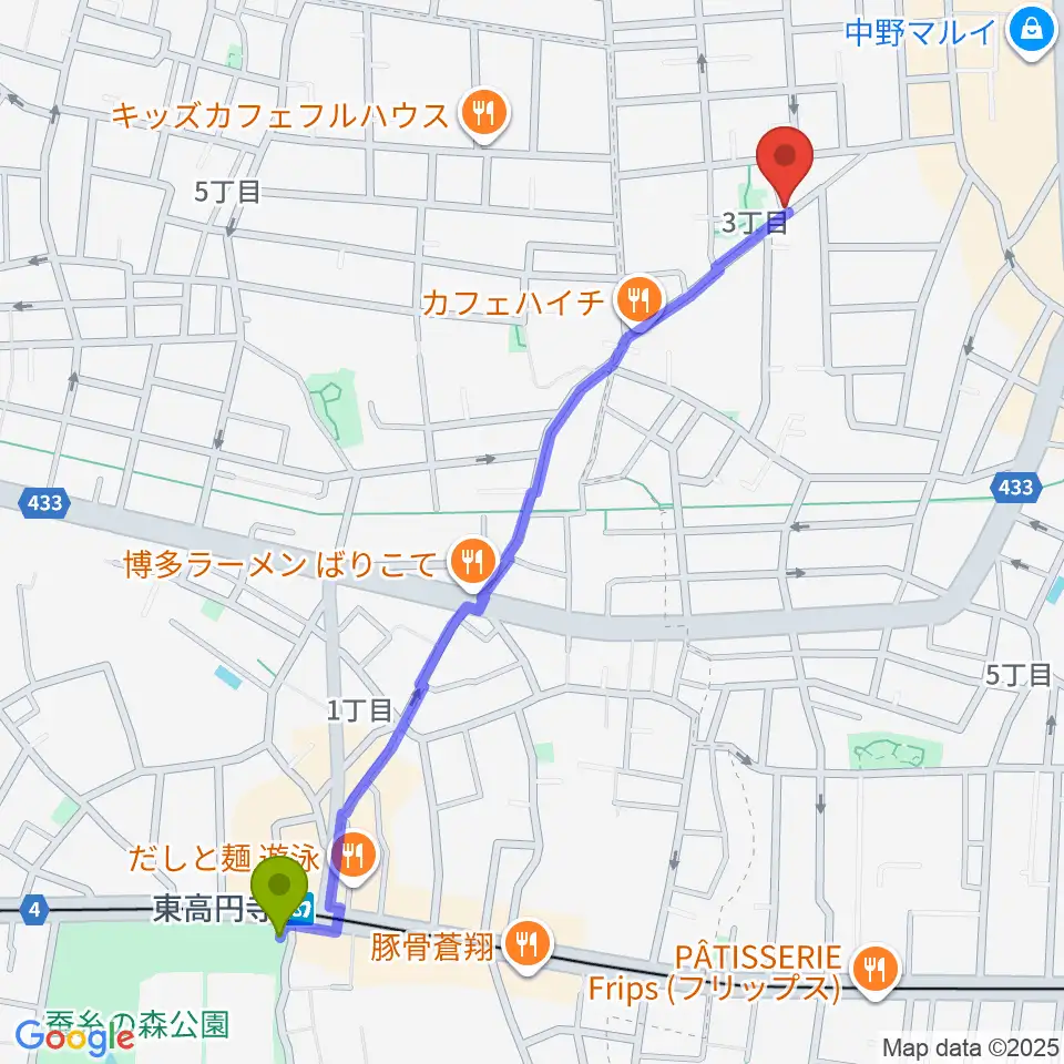 東高円寺駅から中野ザ・ポケットへのルートマップ地図