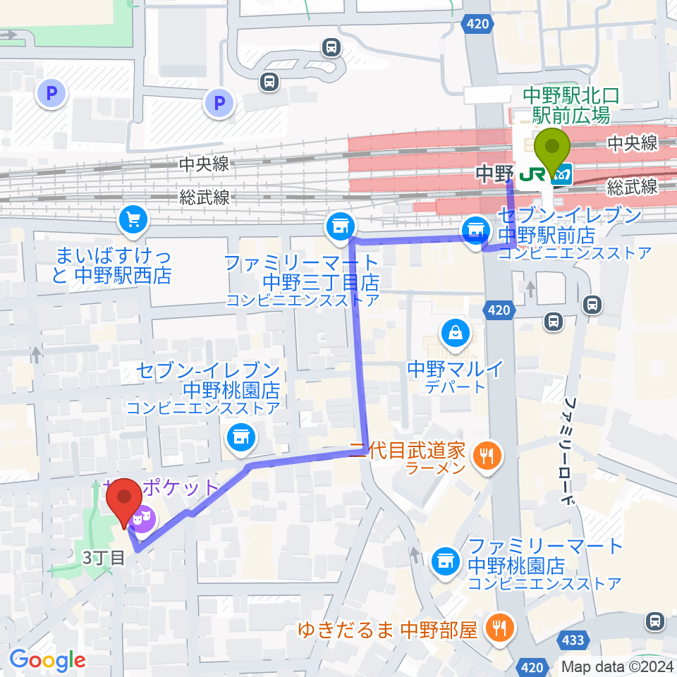 劇場MOMOの最寄駅中野駅からの徒歩ルート（約6分）地図