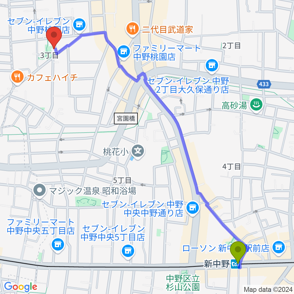 新中野駅から劇場MOMOへのルートマップ地図