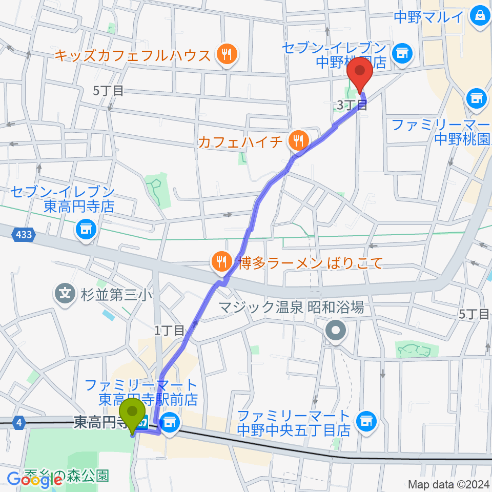 東高円寺駅から劇場MOMOへのルートマップ地図