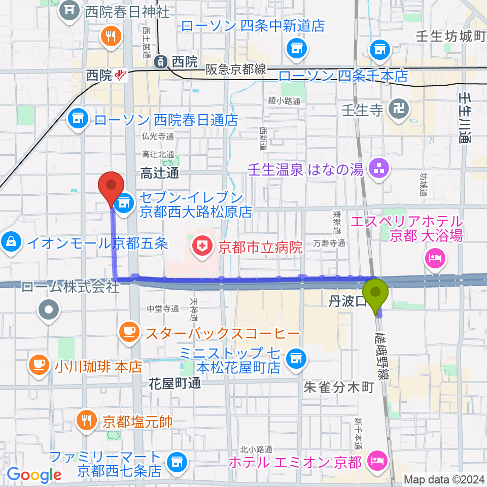 丹波口駅から西院 和音堂へのルートマップ地図