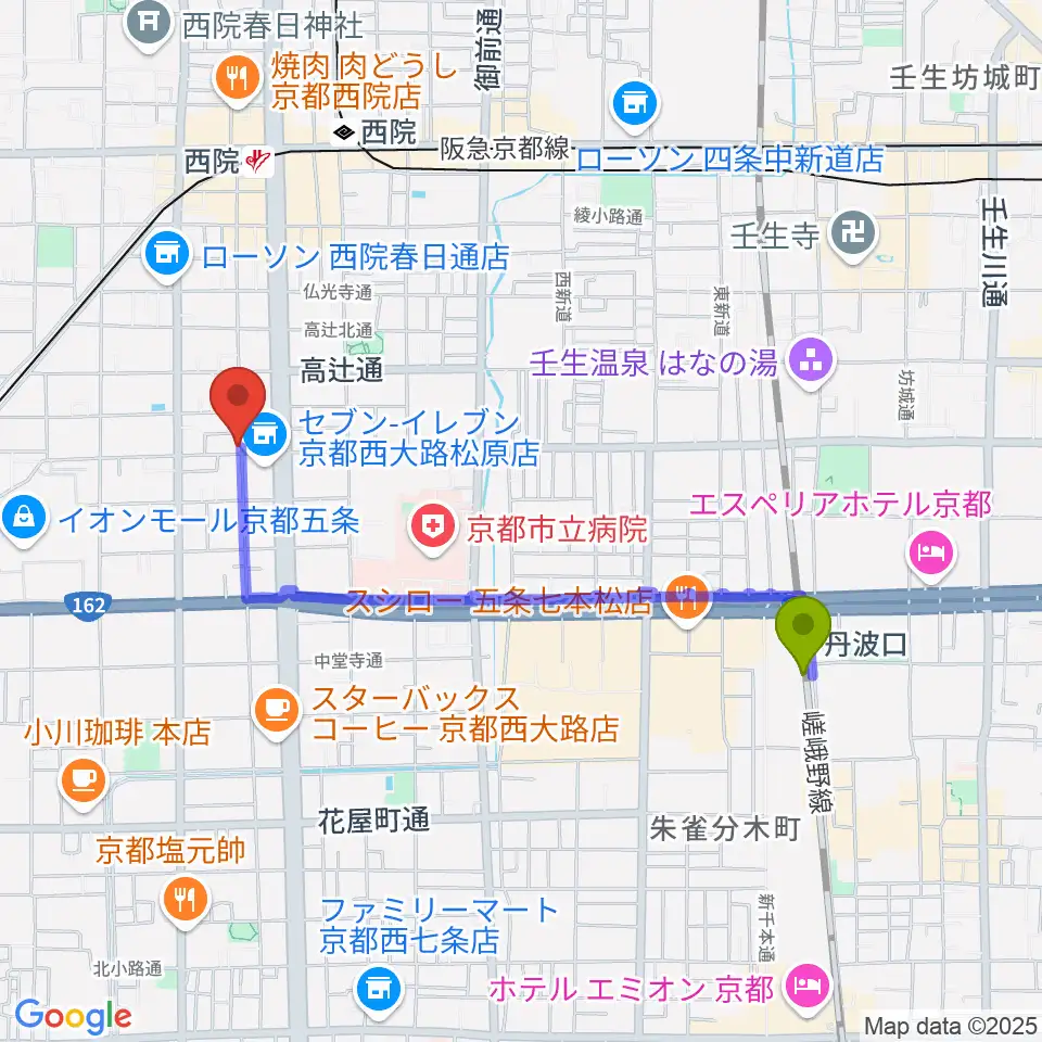 丹波口駅から西院 和音堂へのルートマップ地図