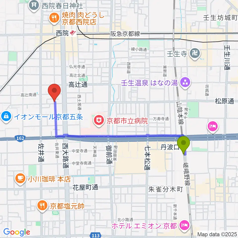 丹波口駅から西院 和音堂へのルートマップ地図