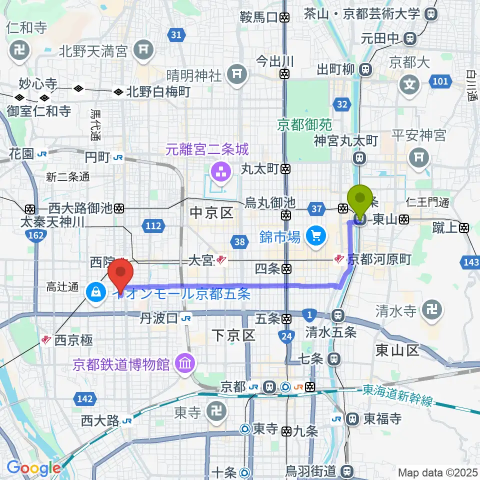 三条駅から西院 和音堂へのルートマップ地図