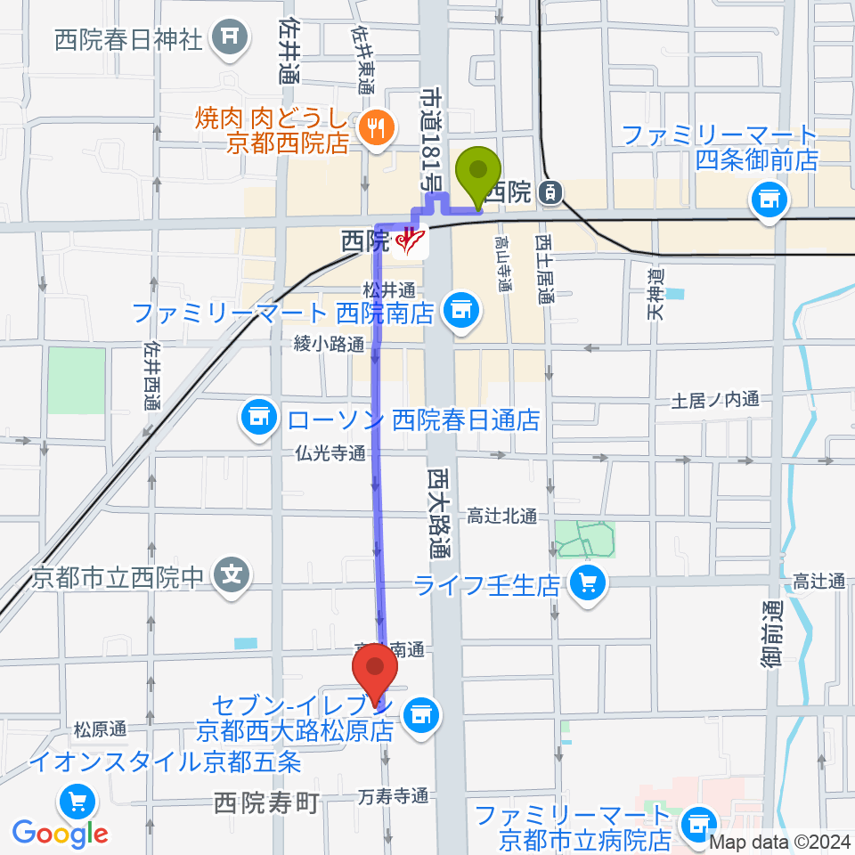 西院 和音堂の最寄駅西院駅からの徒歩ルート（約9分）地図