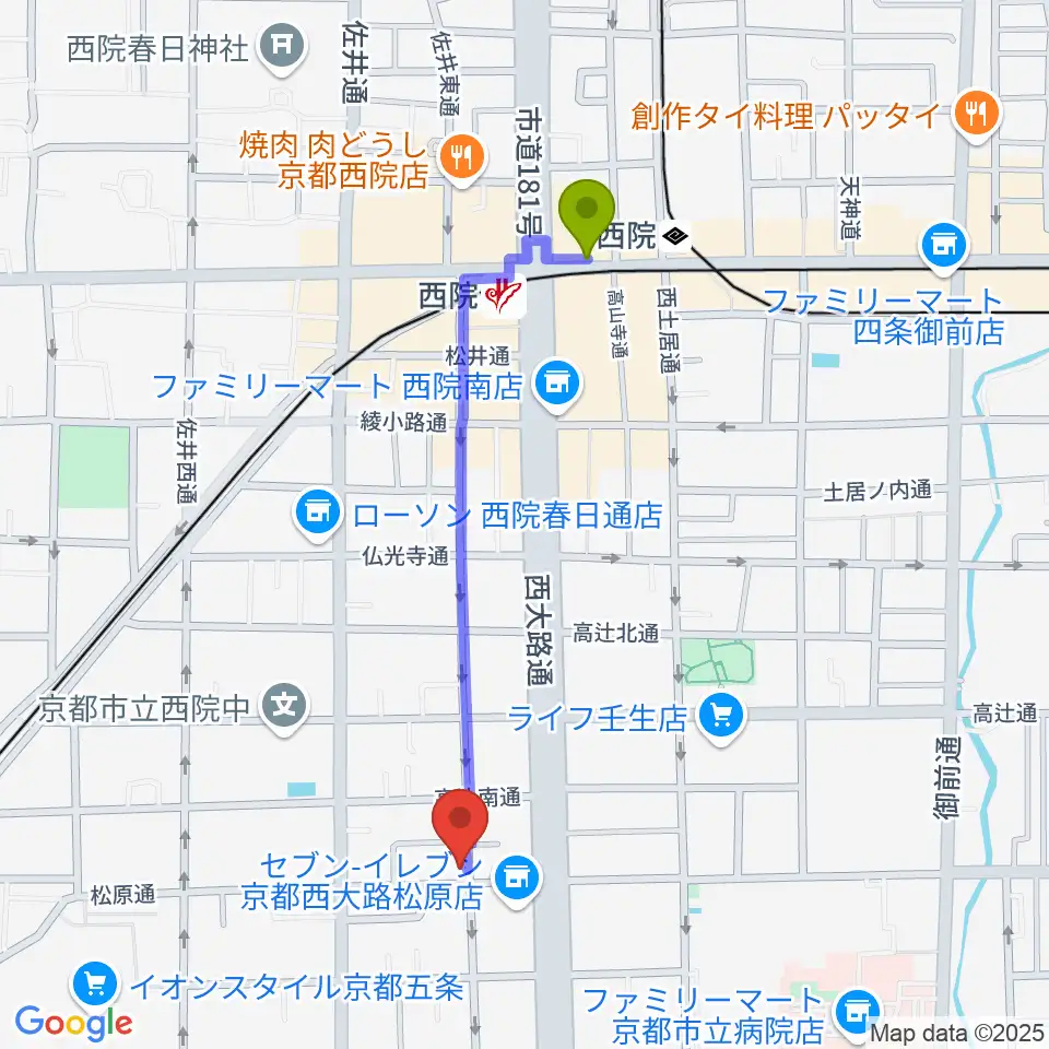 西院 和音堂の最寄駅西院駅からの徒歩ルート（約9分）地図